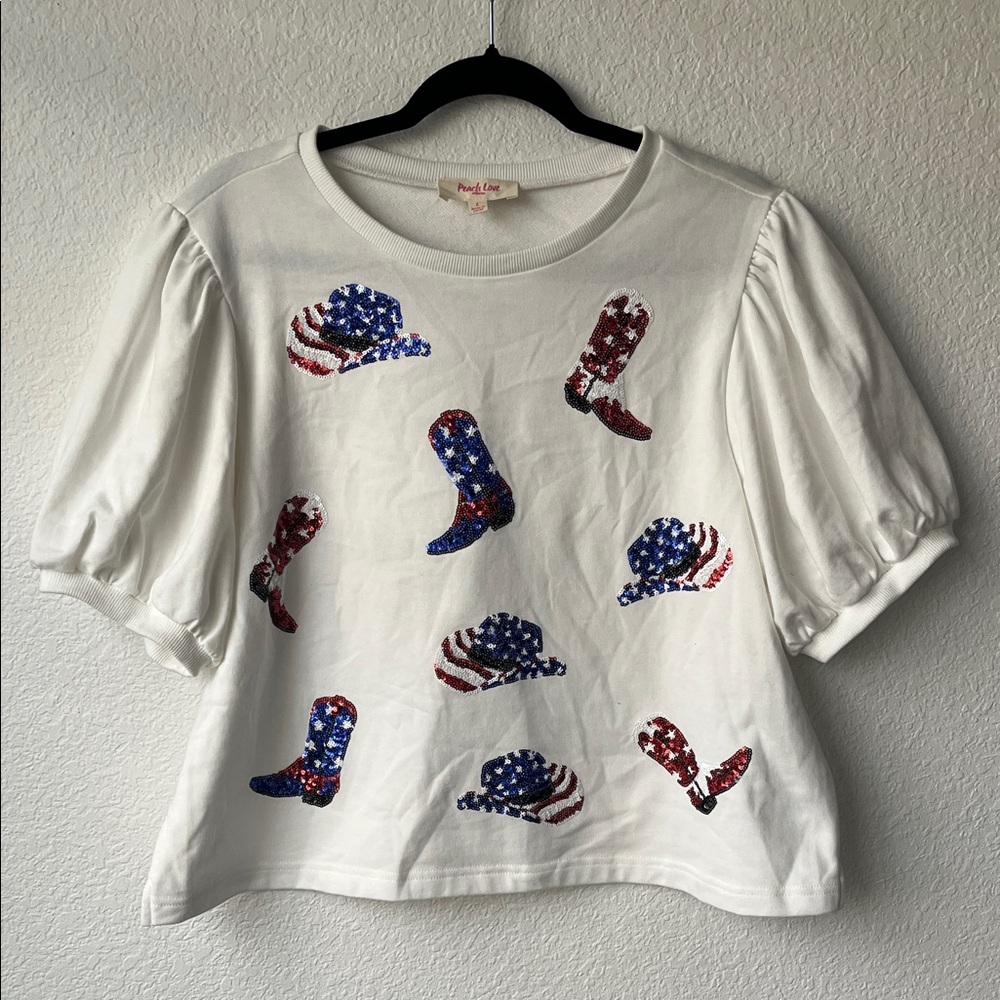 Peach Love Sequin Cowboy Boot & Hat Tee - Patriotic Red, White & Blue